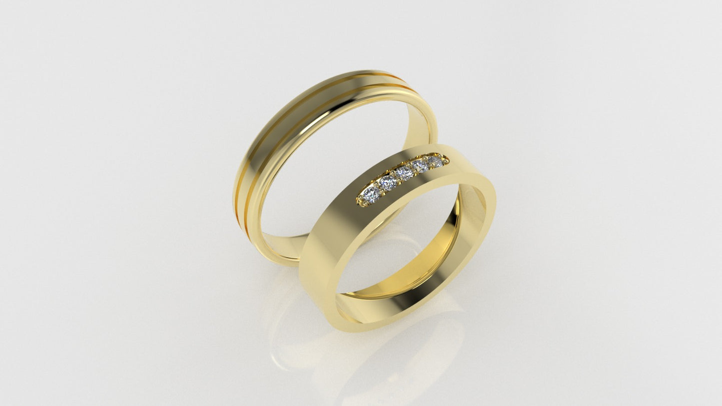 14K WEDDING GOLD Rings with 5 MOISSANITE VS1, "Cut chanel" "Setting prong"