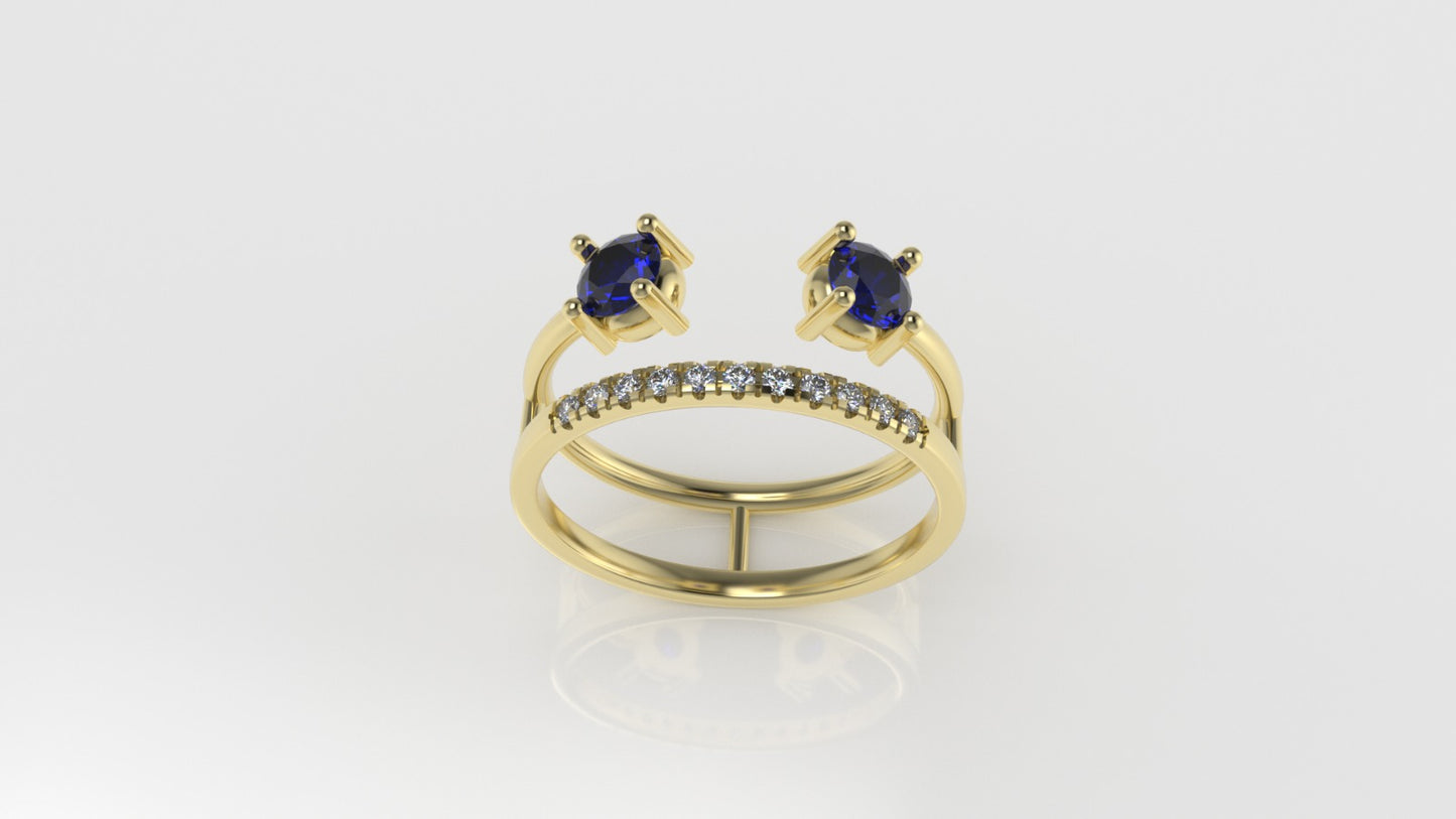 14K Ring with 2 BLUE SAPPHIRE 4.00mm and 11 MOISSANITE 1.3mm VS1, "Cut Split"