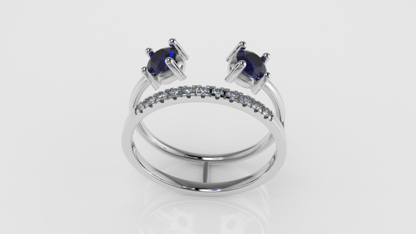 14K Ring with 2 BLUE SAPPHIRE 4.00mm and 11 MOISSANITE 1.3mm VS1, "Cut Split"