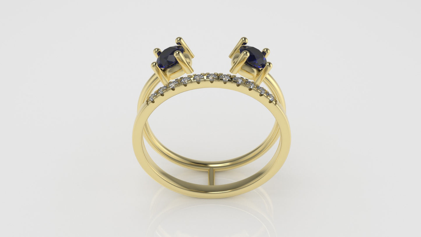 14K Ring with 2 BLUE SAPPHIRE 4.00mm and 11 MOISSANITE 1.3mm VS1, "Cut Split"