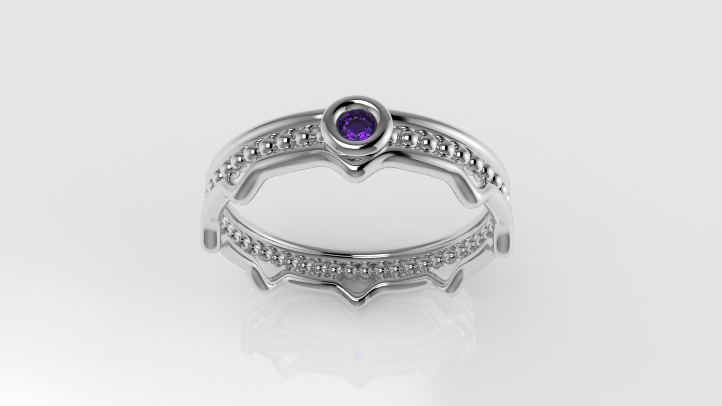 14K solitaire Ring with 1 AMETHYST 2.00mm, band with point, miligrane, stt bezel