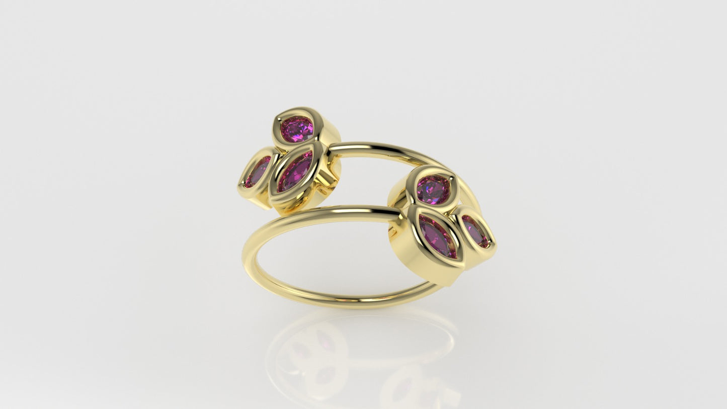 14K Ring with 6 MARQUISE STONE, color TOURMALINE PINK, "stt bezel", "6 petals"