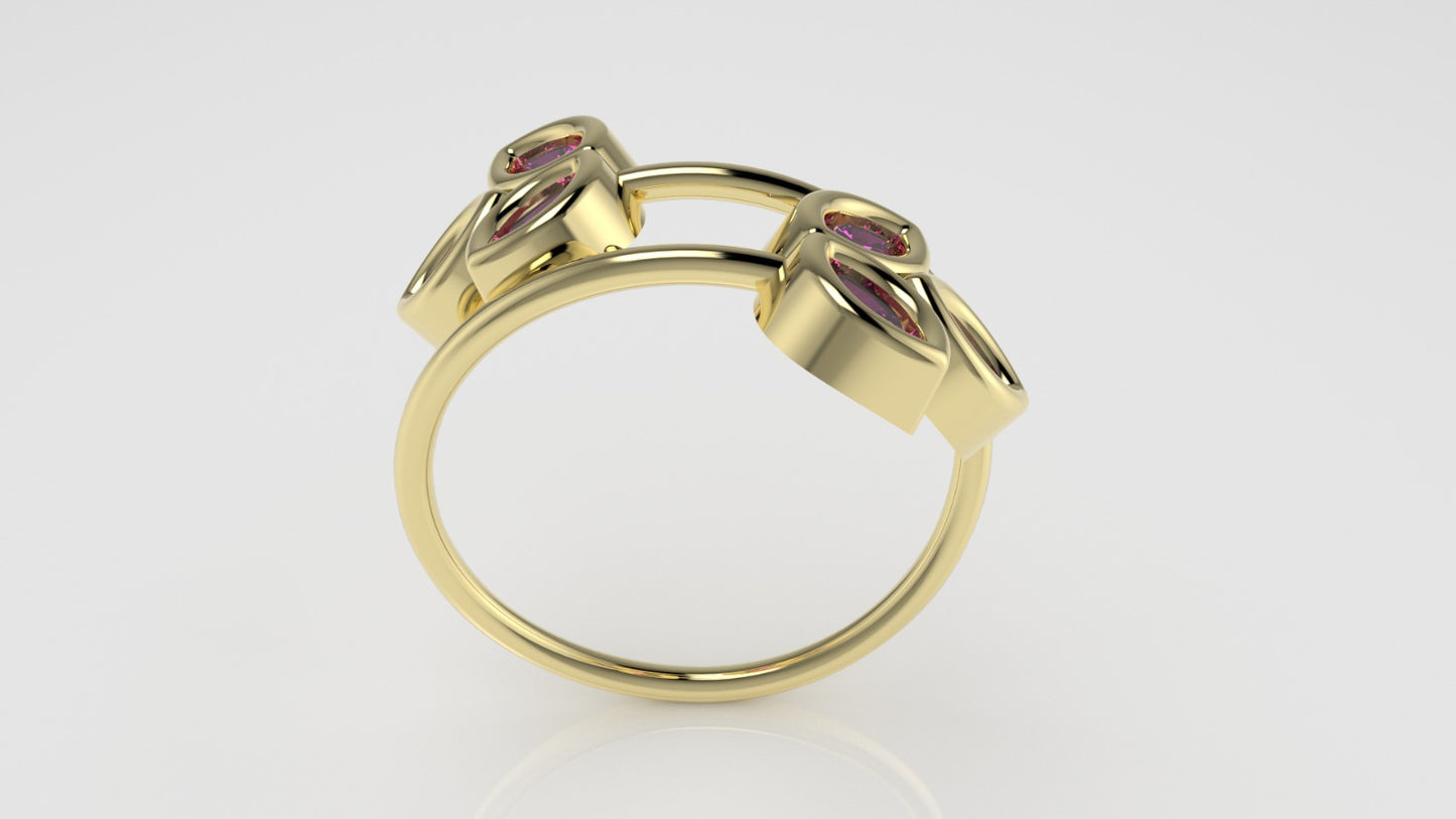 14K Ring with 6 MARQUISE STONE, color TOURMALINE PINK, "stt bezel", "6 petals"