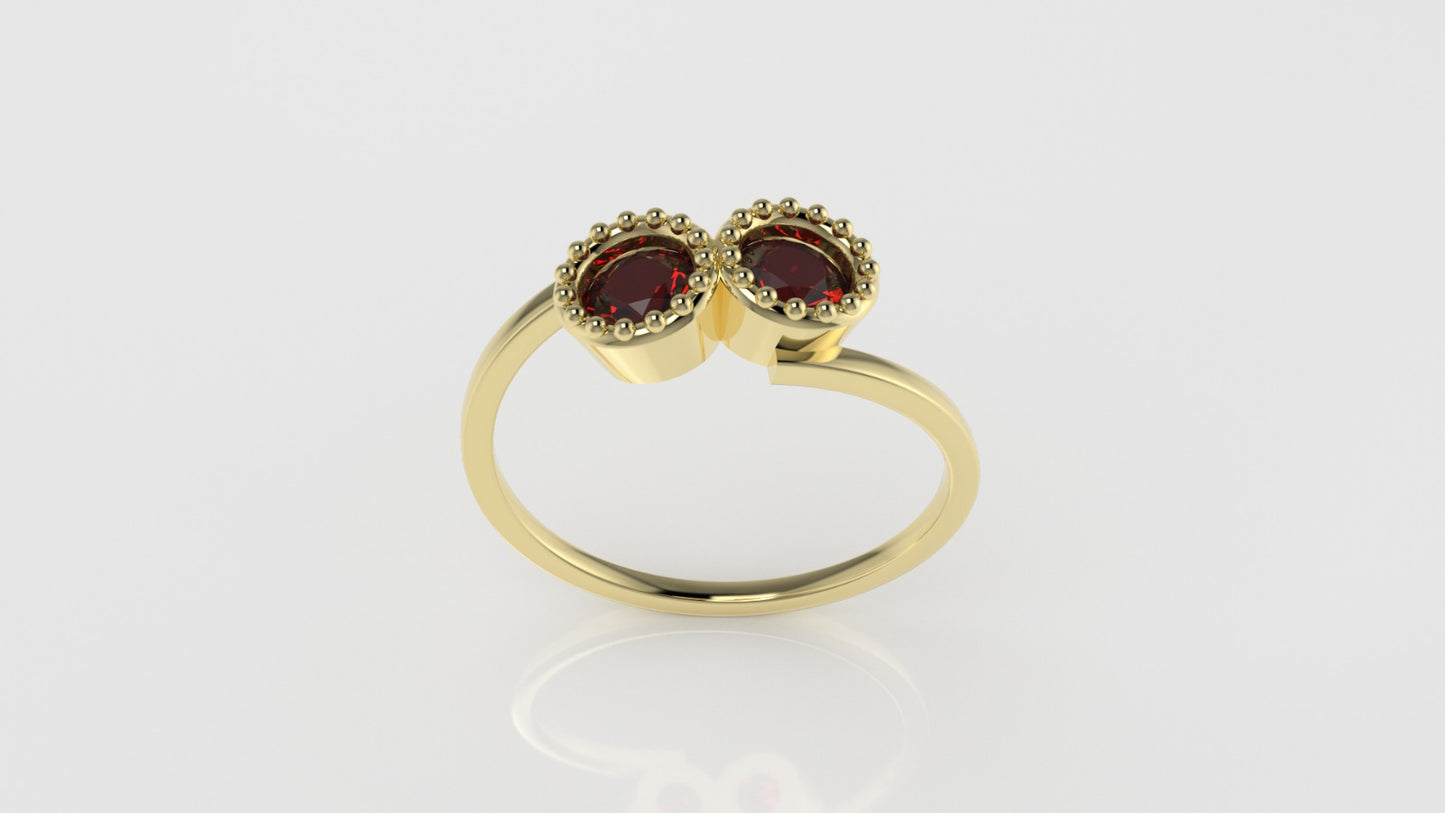 14K band Ring with 2 RUBY 4mm, stt bezel with Filigree