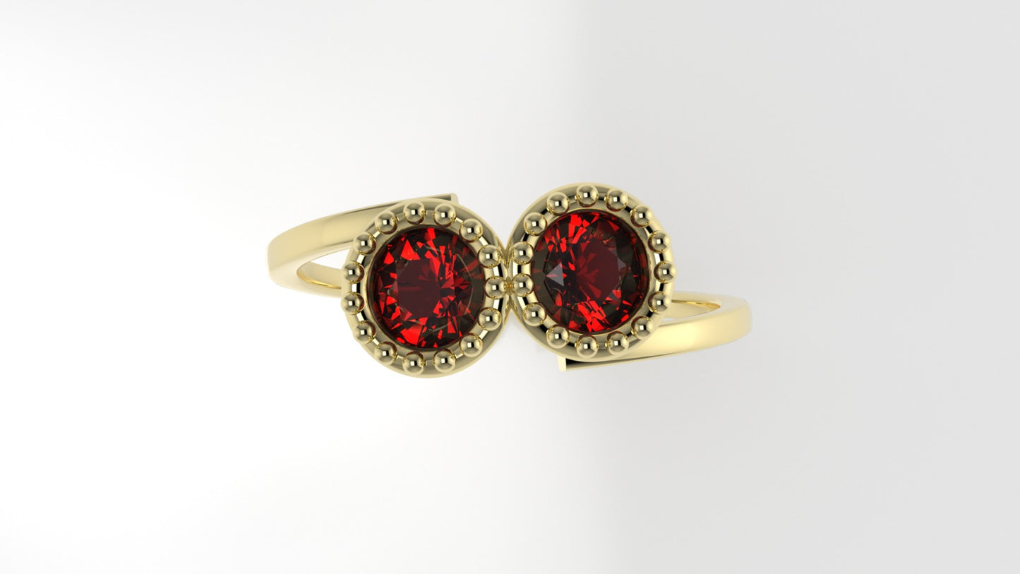 14K band Ring with 2 RUBY 4mm, stt bezel with Filigree