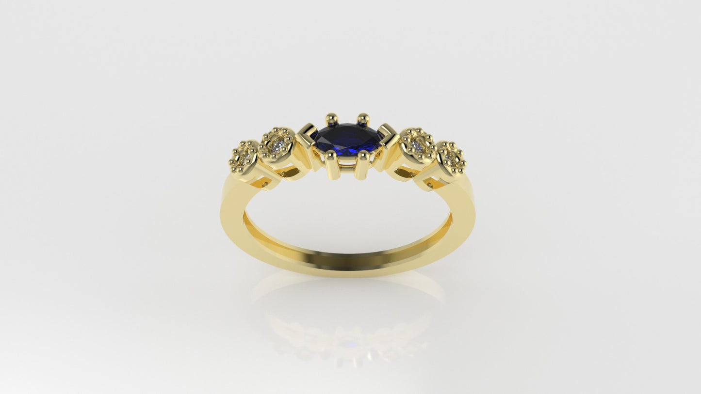 14K Gold Band Ring with 4 DIAMOND 1.3mm VS1 and 1 MARQUISE SAPPHIRE, "stt bezel and prong" "Filigree"