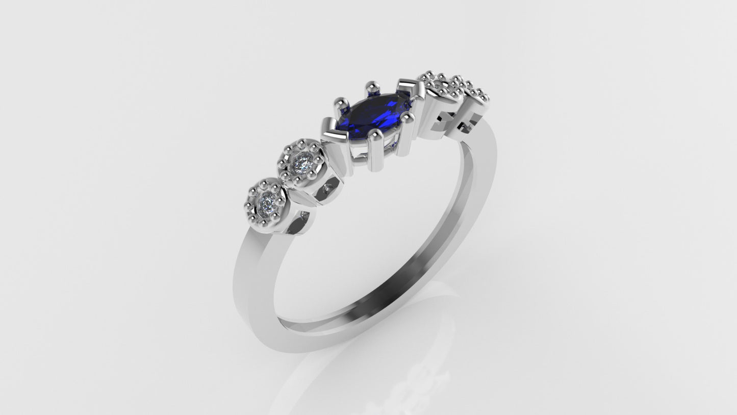 14K Gold Band Ring with 4 DIAMOND 1.3mm VS1 and 1 MARQUISE SAPPHIRE, "stt bezel and prong" "Filigree"