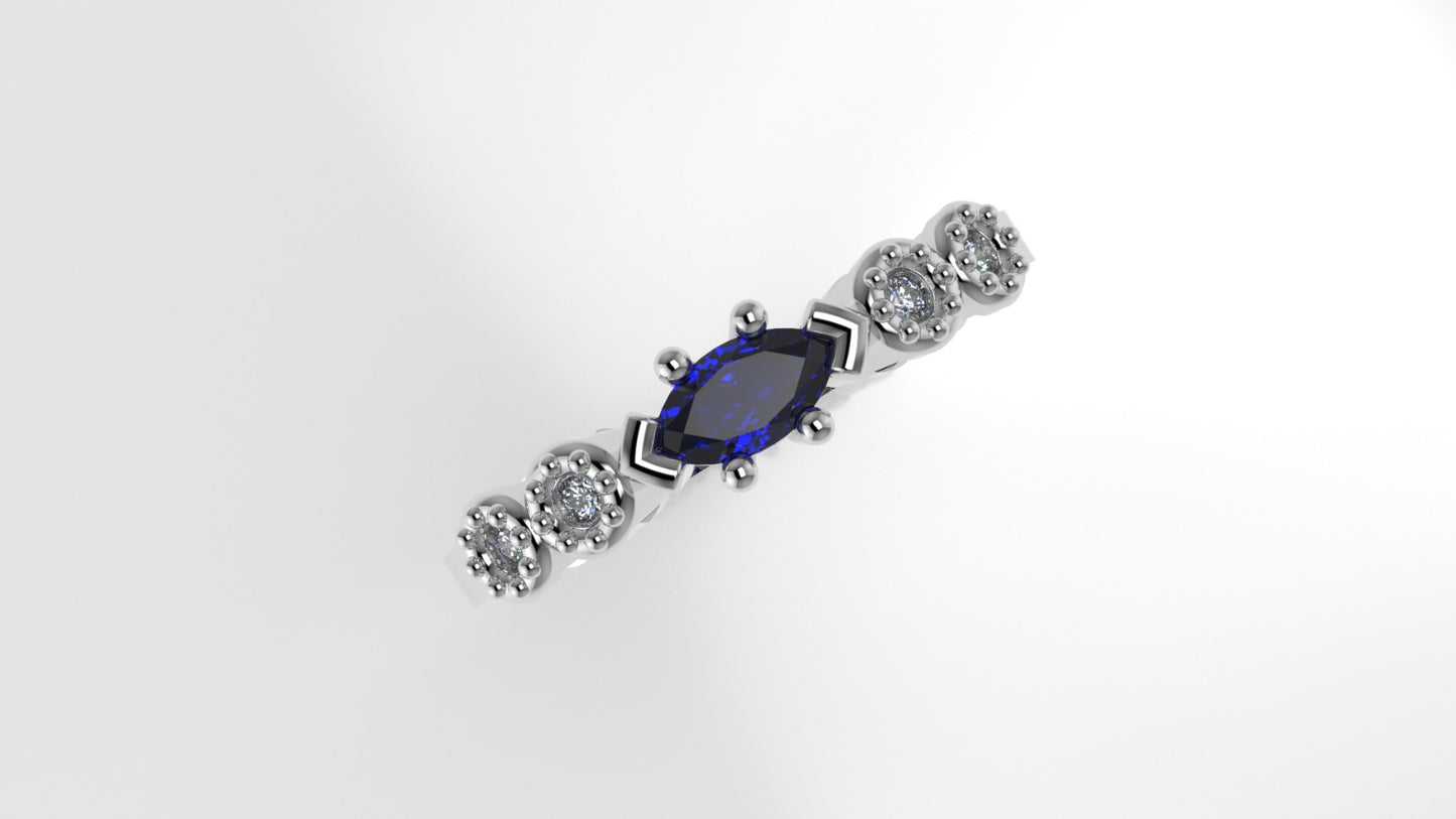 14K Gold Band Ring with 4 DIAMOND 1.3mm VS1 and 1 MARQUISE SAPPHIRE, "stt bezel and prong" "Filigree"