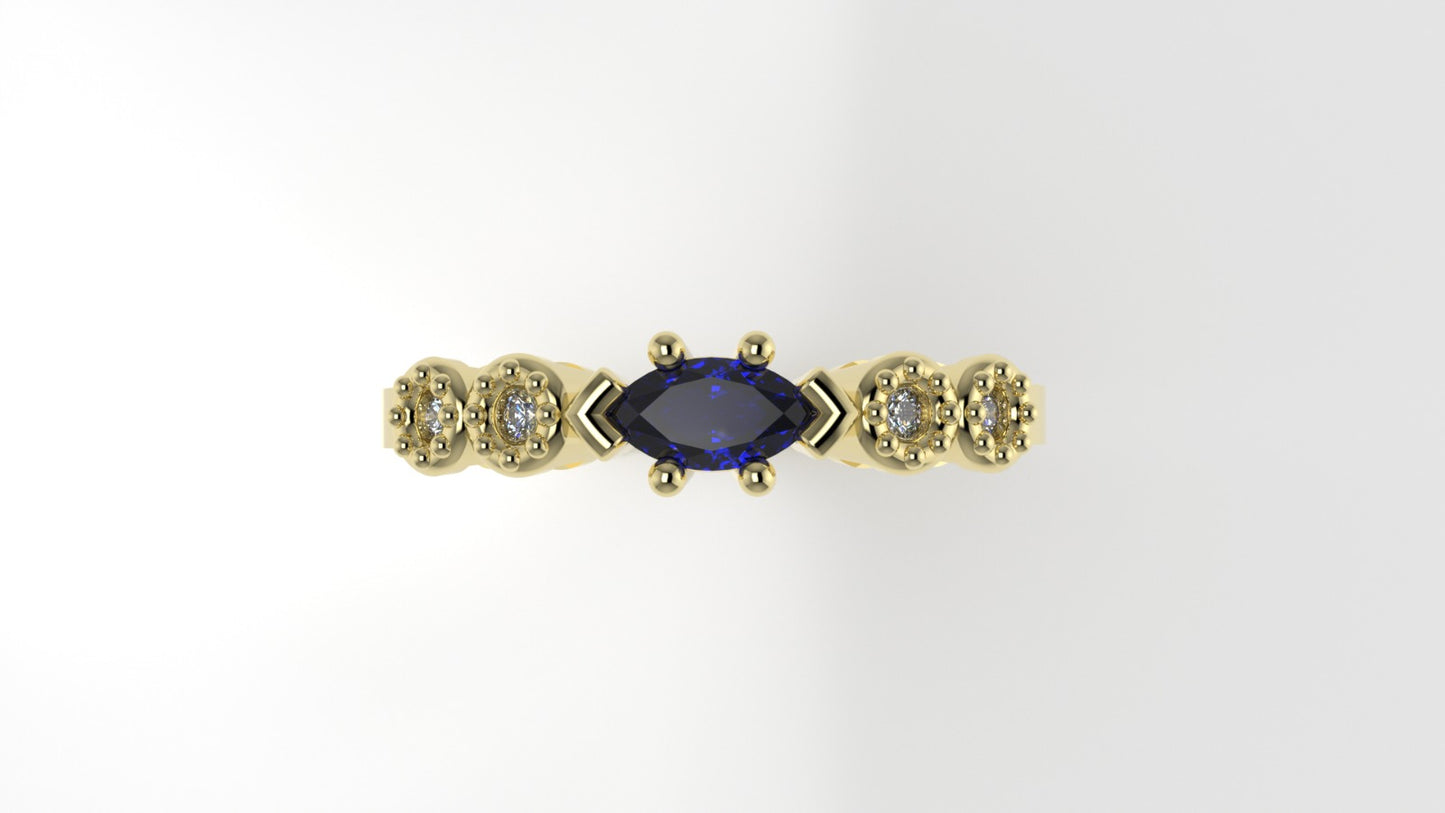 14K Gold Band Ring with 4 DIAMOND 1.3mm VS1 and 1 MARQUISE SAPPHIRE, "stt bezel and prong" "Filigree"