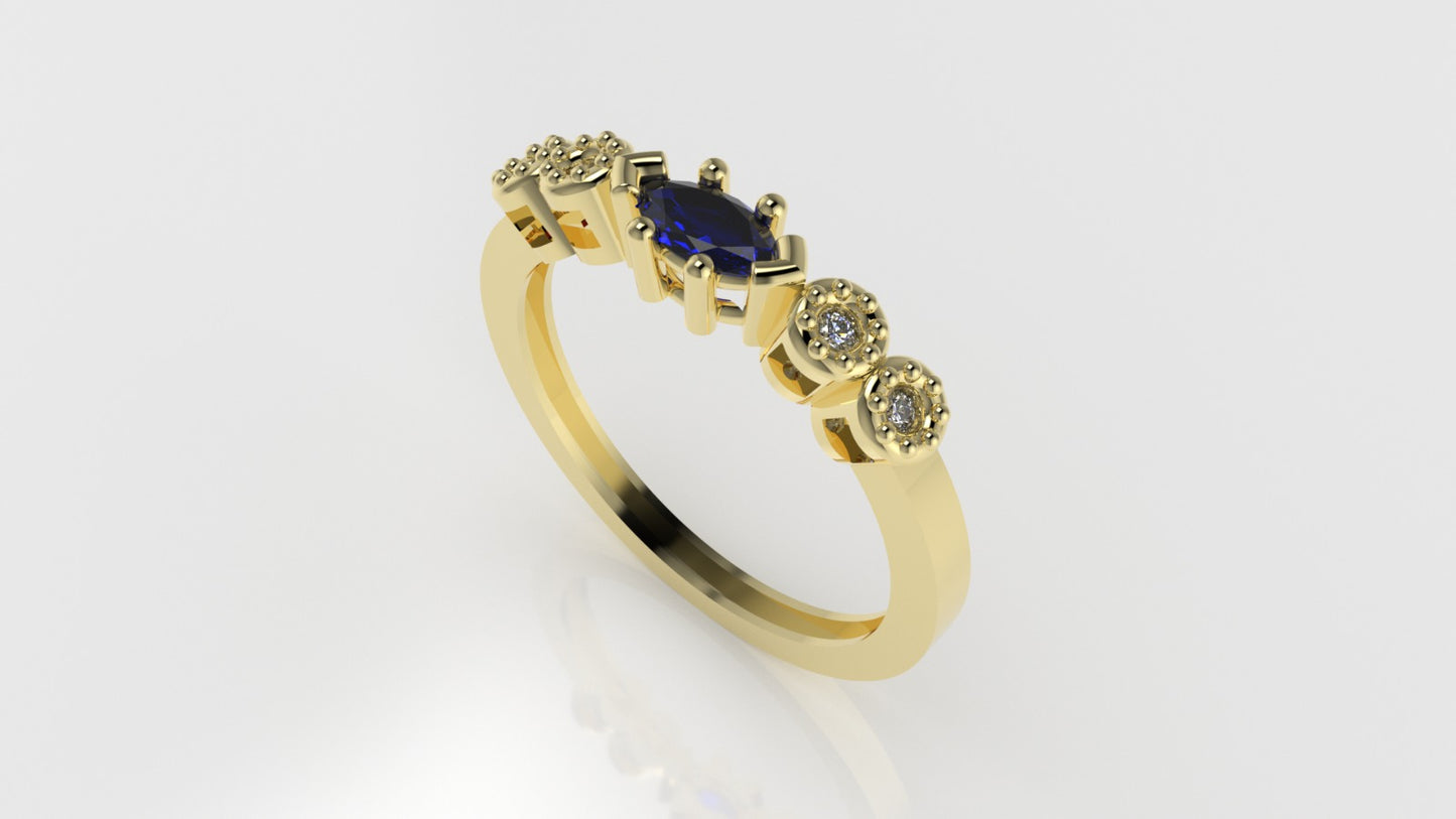 14K Gold Band Ring with 4 DIAMOND 1.3mm VS1 and 1 MARQUISE SAPPHIRE, "stt bezel and prong" "Filigree"