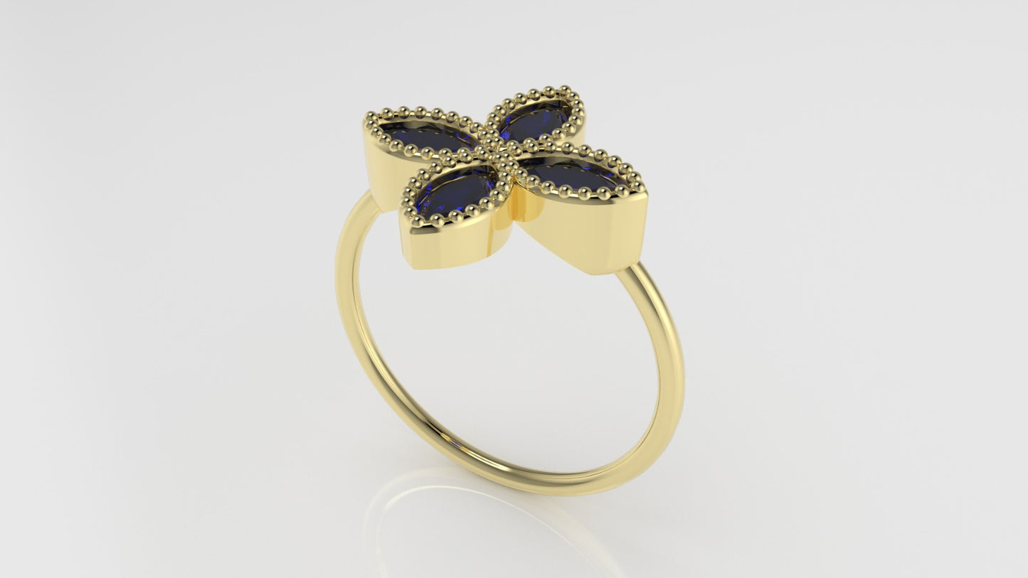 14K gold Ring with 4 MARQUISE SAPPHIRE, stt bezel with Filigree