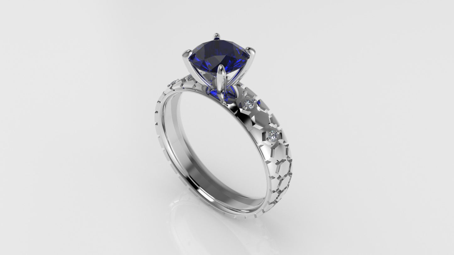 14K Solitaire Engagement Ring with 1 SAPPHIRE and 4 MOISSANITE VS1, "Rim Shape with stt prong"