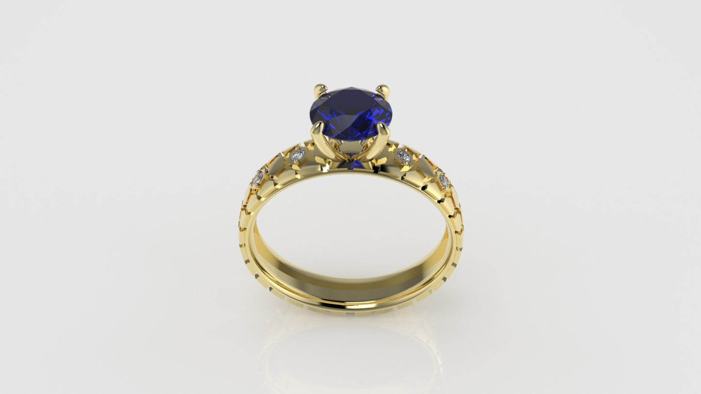 14K Solitaire Engagement Ring with 1 SAPPHIRE and 4 MOISSANITE VS1, "Rim Shape with stt prong"