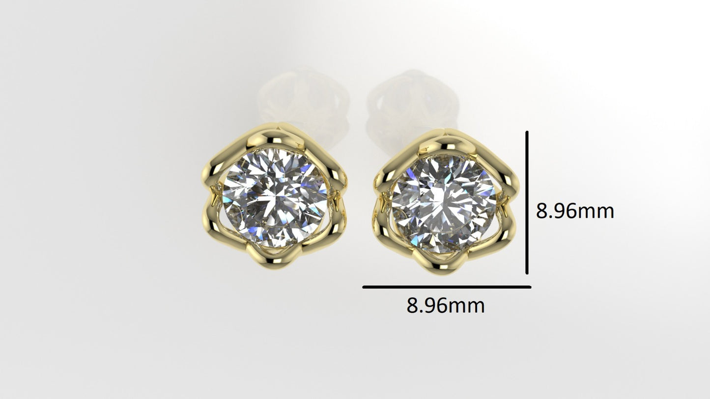 Gold Earrings with 2 MOISSANITE 6.5mm VS1 each , "Flower Style" "Stt Prong"