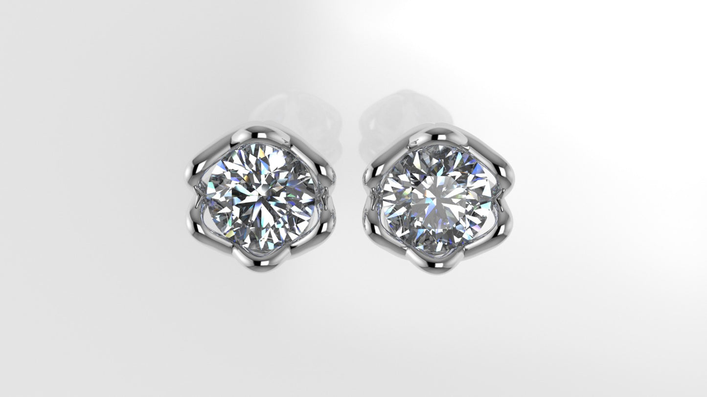 Gold Earrings with 2 MOISSANITE 6.5mm VS1 each , "Flower Style" "Stt Prong"