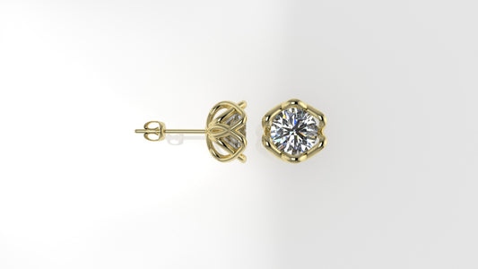 Gold Earrings with 2 DIAMOND 6.5mm VS1 each, "Flower Style" "Stt Prong"