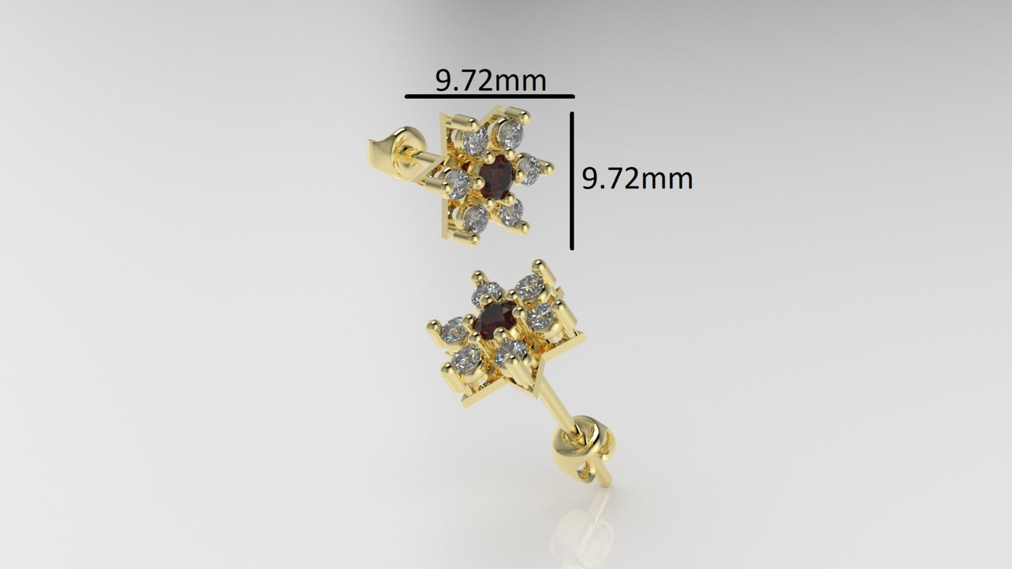 14k Push Back Earrings with 12  DIAMONDS 2mm VS1 each and 2 RUBY 3mm each, " Stt: Prongs"