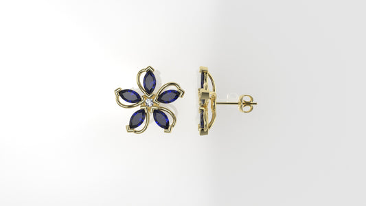 14k Yellow Gold Earrings with 2 DIAMONDS 2.00mm VS1 each and 10 MARQUISE SAPPHIRE, "Stt Prong" "Flower with 5 petals"