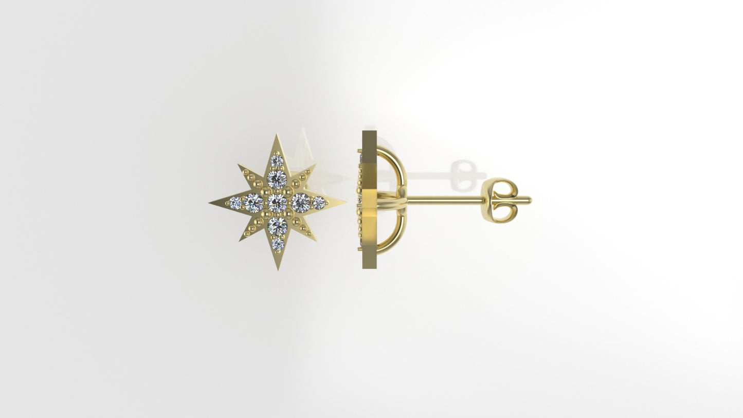 Gold Earrings with 18 DIAMONDS VS1, it is for any occasion, "STARS WITH 8 POINT" "STT: PRONG"