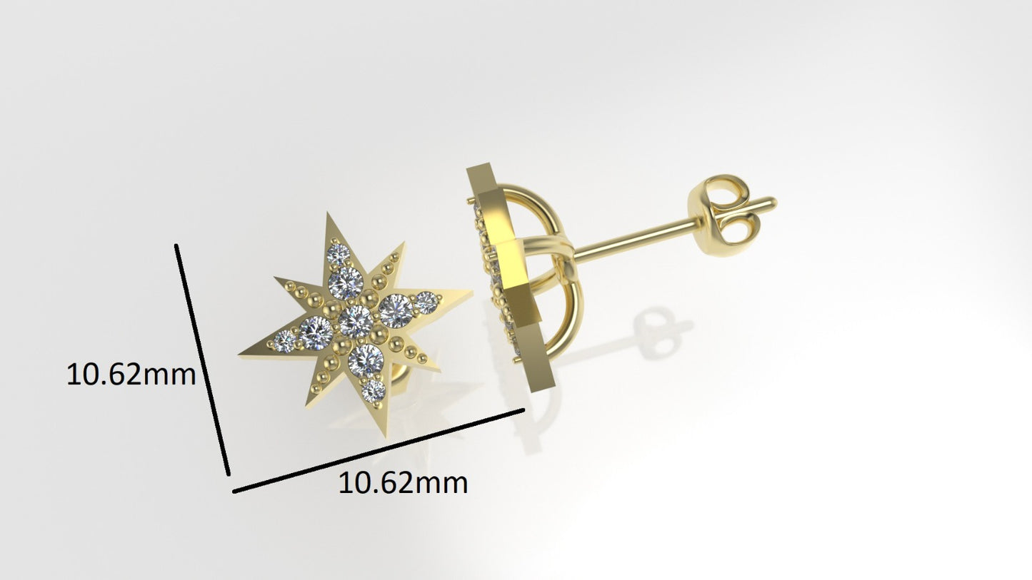 Gold Earrings with 18 DIAMONDS VS1, it is for any occasion, "STARS WITH 8 POINT" "STT: PRONG"