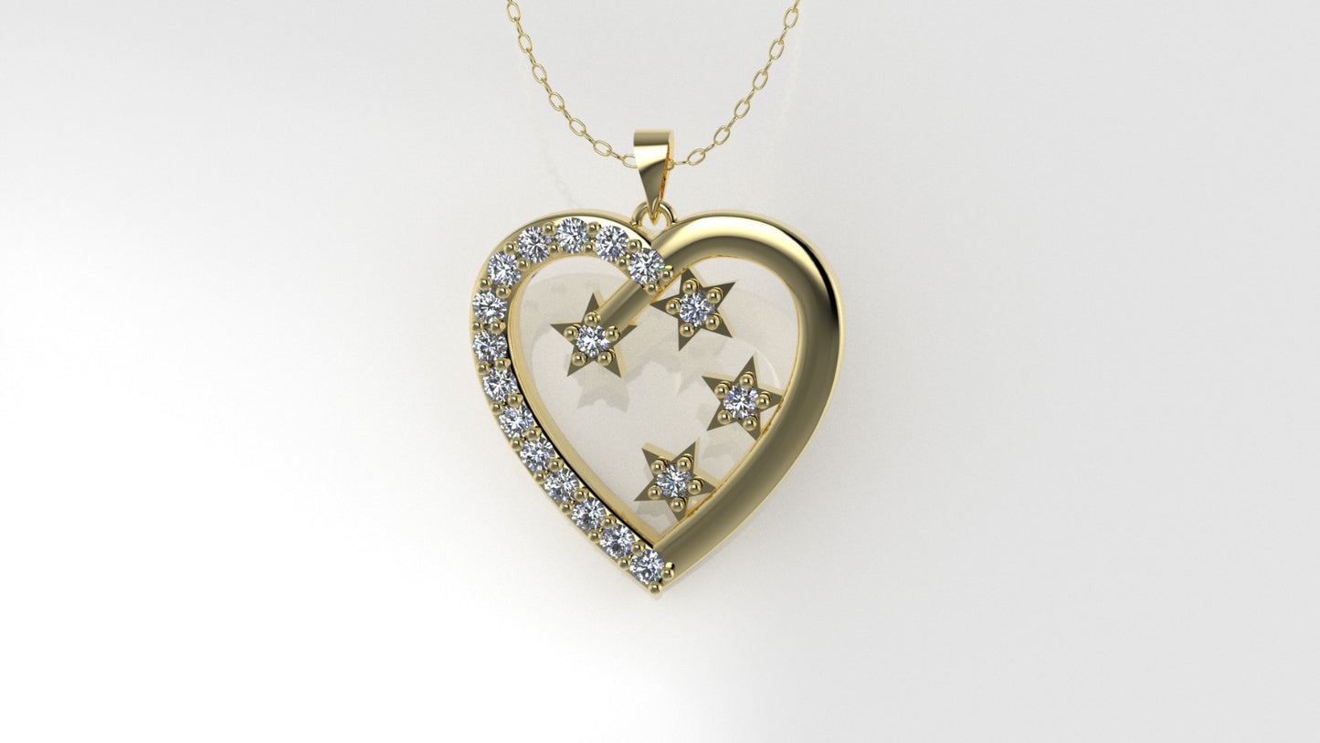 14K Pendant with 18 Diamonds 1.5mm each, "STT: Prong" Heart and Stars Style