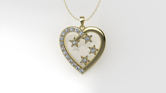 14K Pendant with 18 Diamonds 1.5mm each, "STT: Prong" Heart and Stars Style