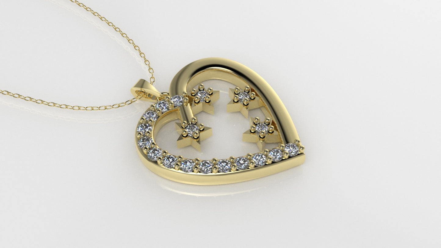 14K Pendant with 18 Diamonds 1.5mm each, "STT: Prong" Heart and Stars Style