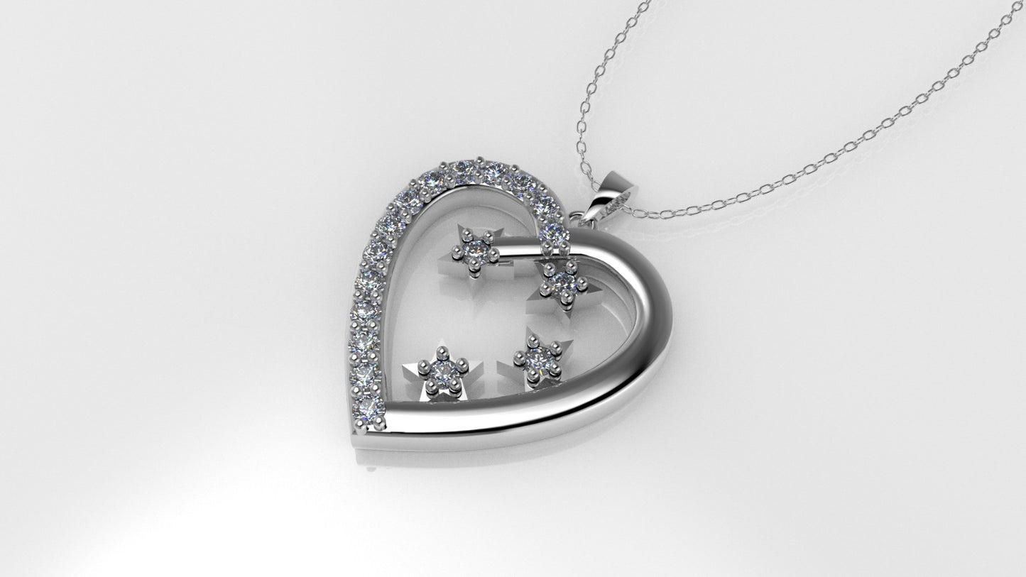 14K Pendant with 18 Diamonds 1.5mm each, "STT: Prong" Heart and Stars Style