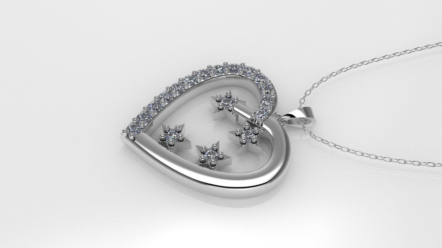 14K Pendant with 18 Diamonds 1.5mm each, "STT: Prong" Heart and Stars Style