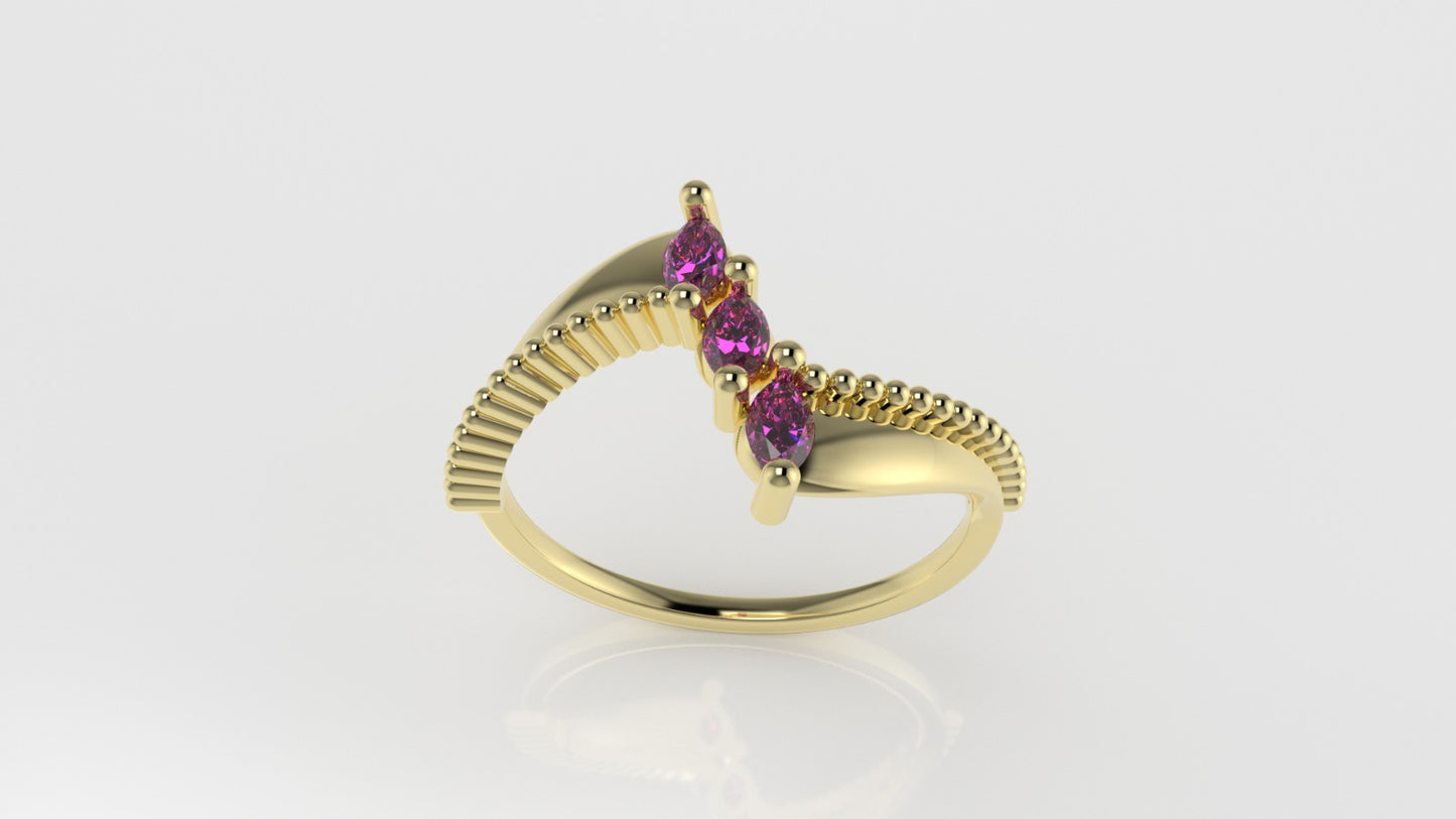 14K Ring with 3 MARQUISE TOURMALINE, FILIGREE, Stt: Prong