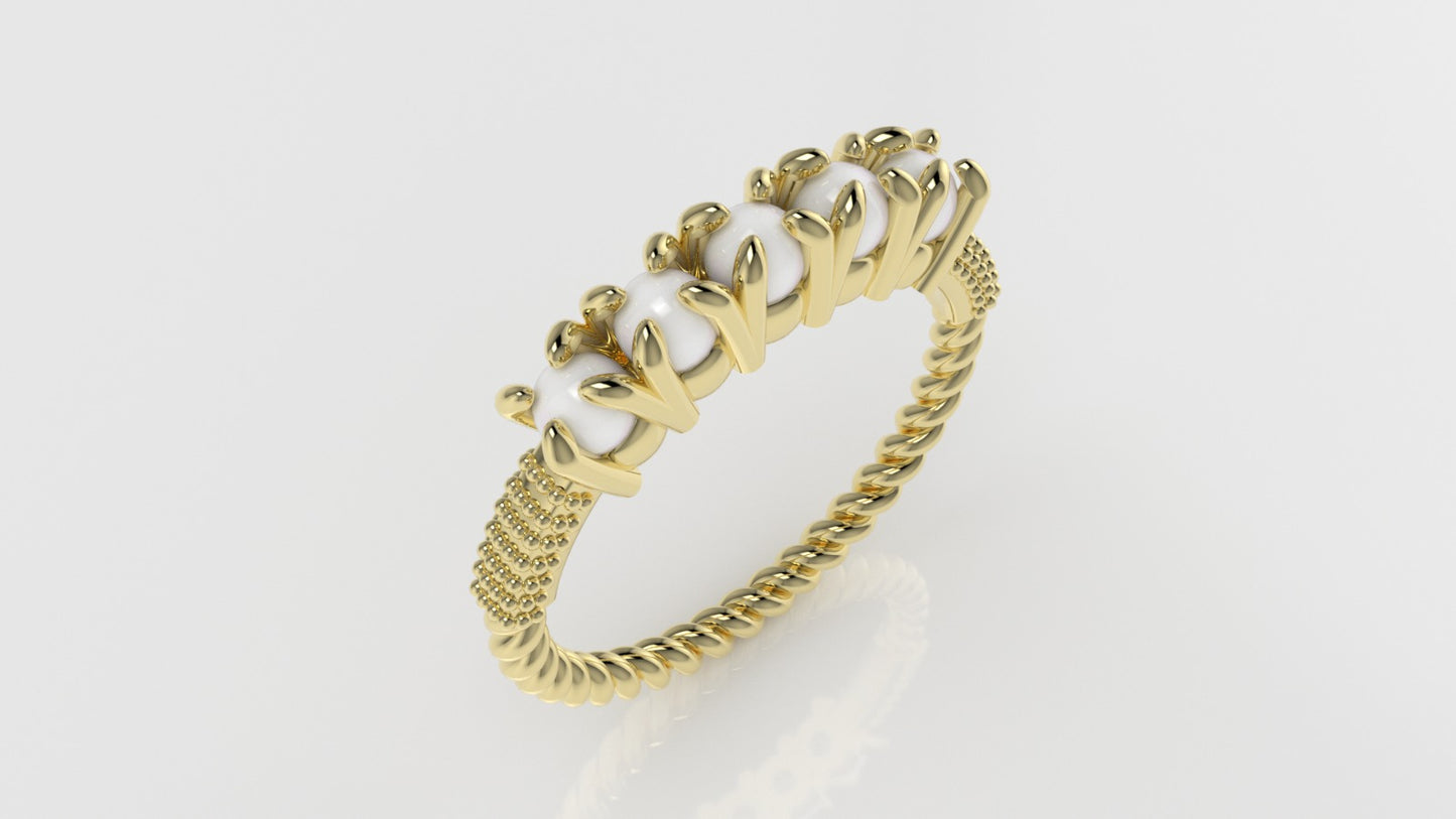 14K Gold Ring with 5 PEARL, "FILIGREE", STT PRONG, Rope Style