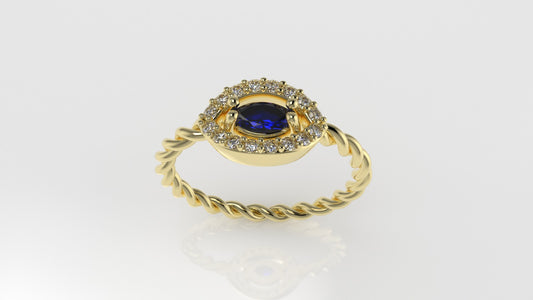 14K Ring with 1 SAPPHIRE and 16 DIAMONDS VS1, STT PRONG, Rope Style