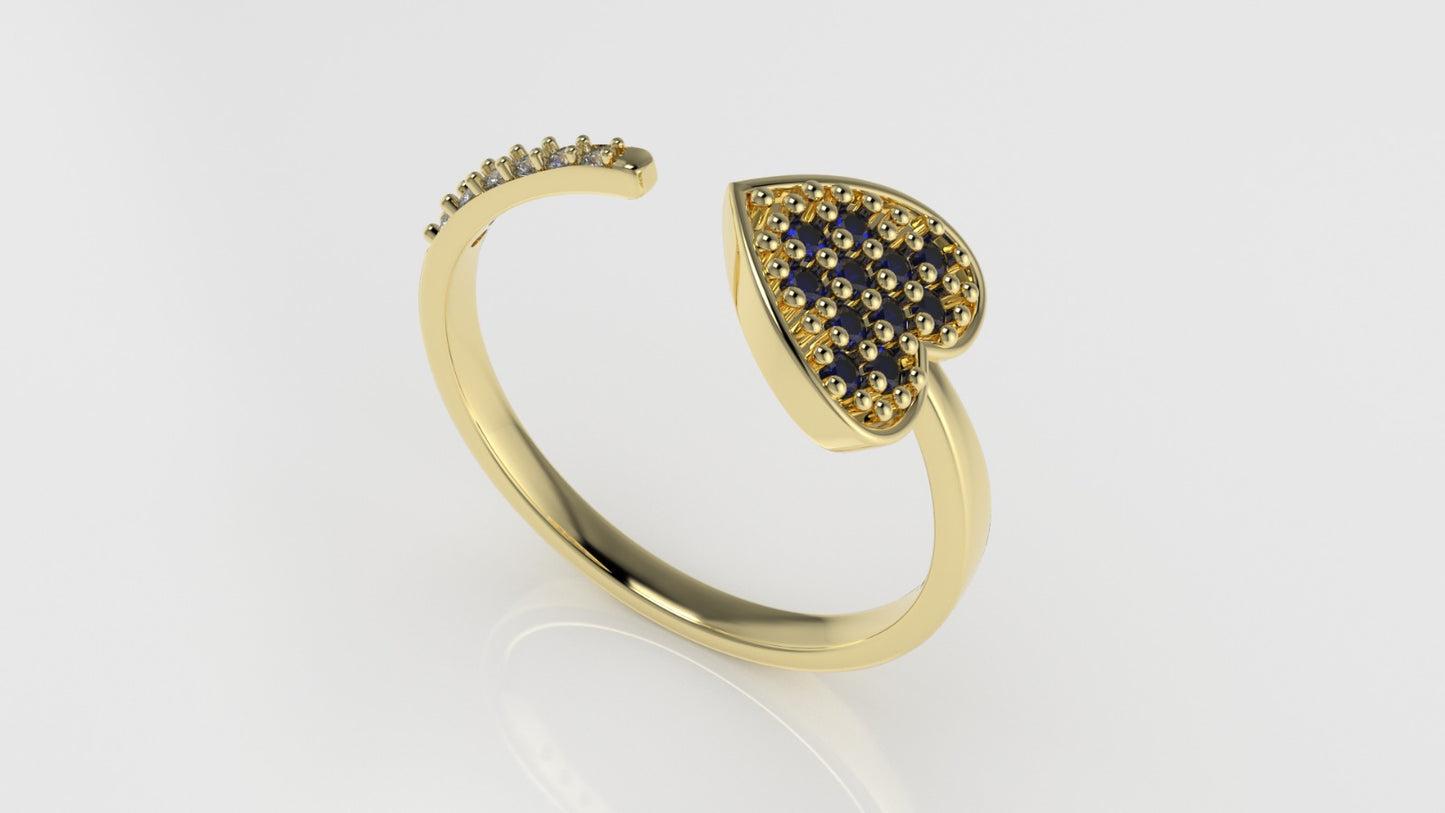 14K Ring with 11 SAPPHIRE and 6 DIAMONDS VS1, "FILIGREE", STT PRONG, Heart