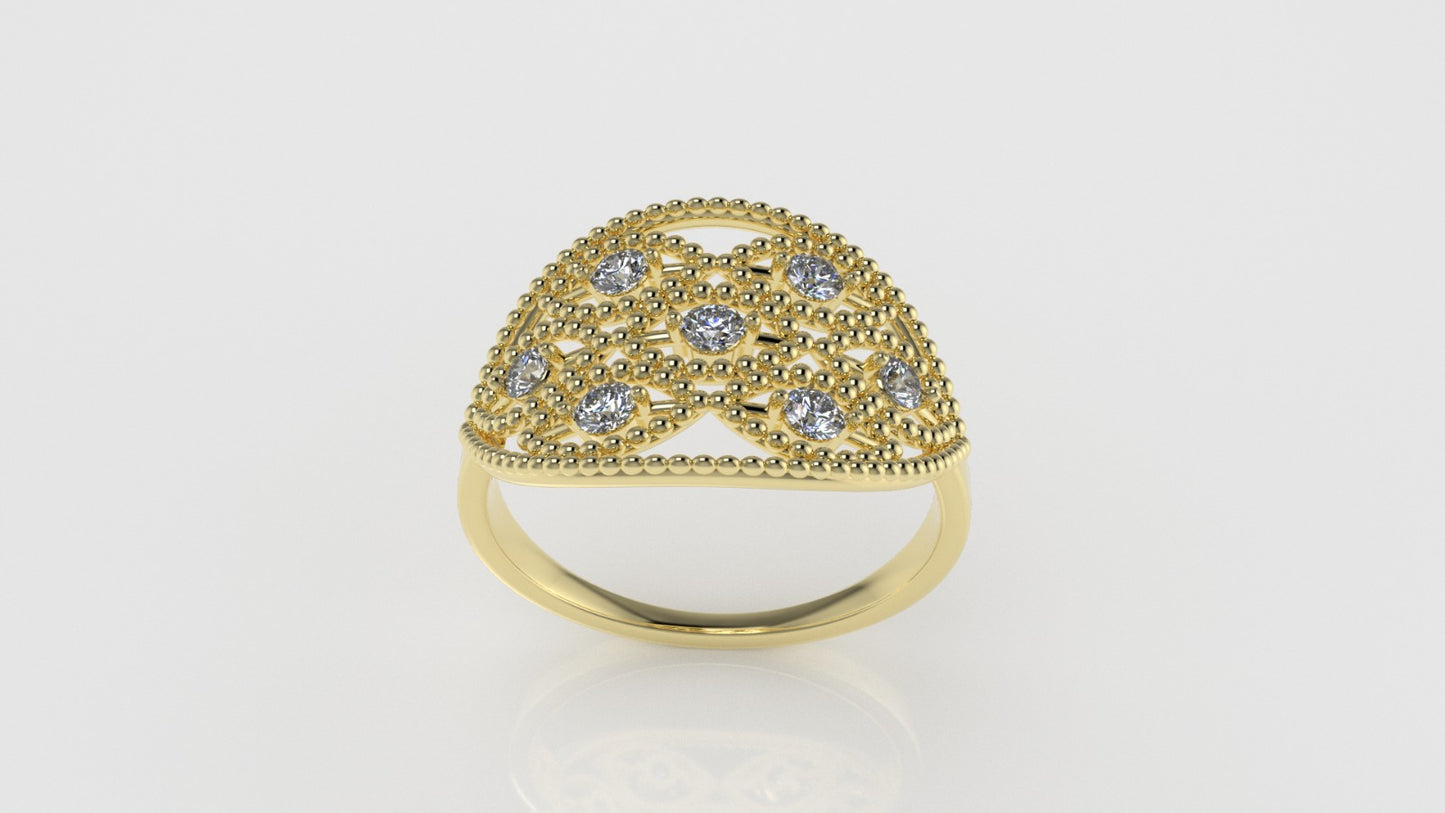 14K Ring with 7 DIAMONDS VS1, FILIGREE, Stt: Prong