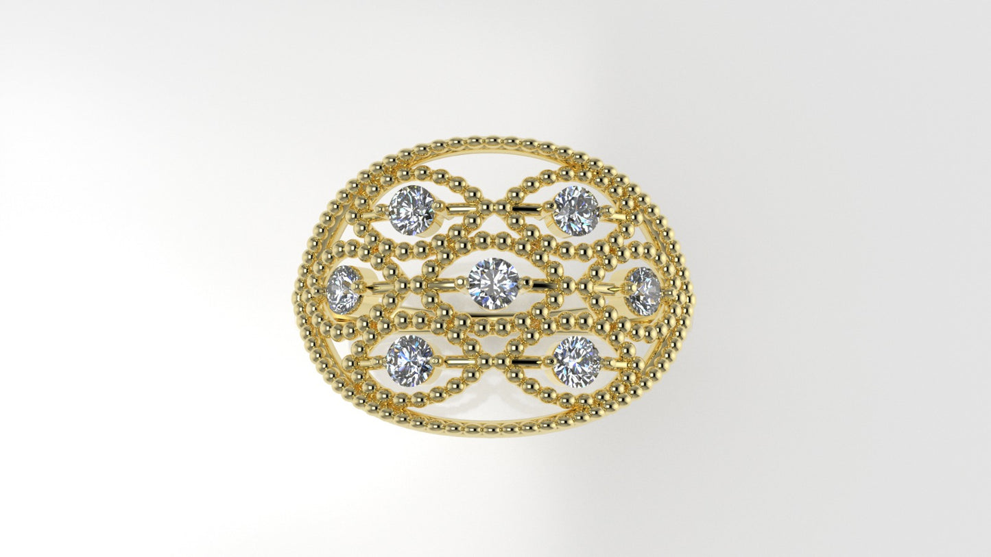 14K Ring with 7 DIAMONDS VS1, FILIGREE, Stt: Prong