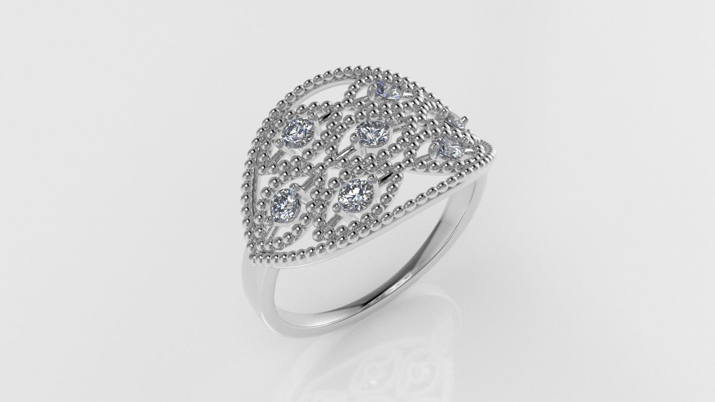 14K Ring with 7 DIAMONDS VS1, FILIGREE, Stt: Prong