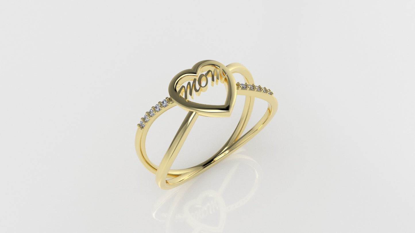 14K Gold Ring with 10 DIAMONDS VS1, STT: Prong, It is use daily, Heart Style, "MOM"