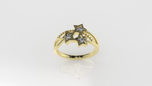 14K Band Ring with 3 DIAMONDS, Stt: Prong, Filigree, Star Style