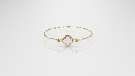 14K Gold Bracelet with 3 STONES, "Stt: Prong and Bezel", long 7 or 7 1/2 inch, Clover Style