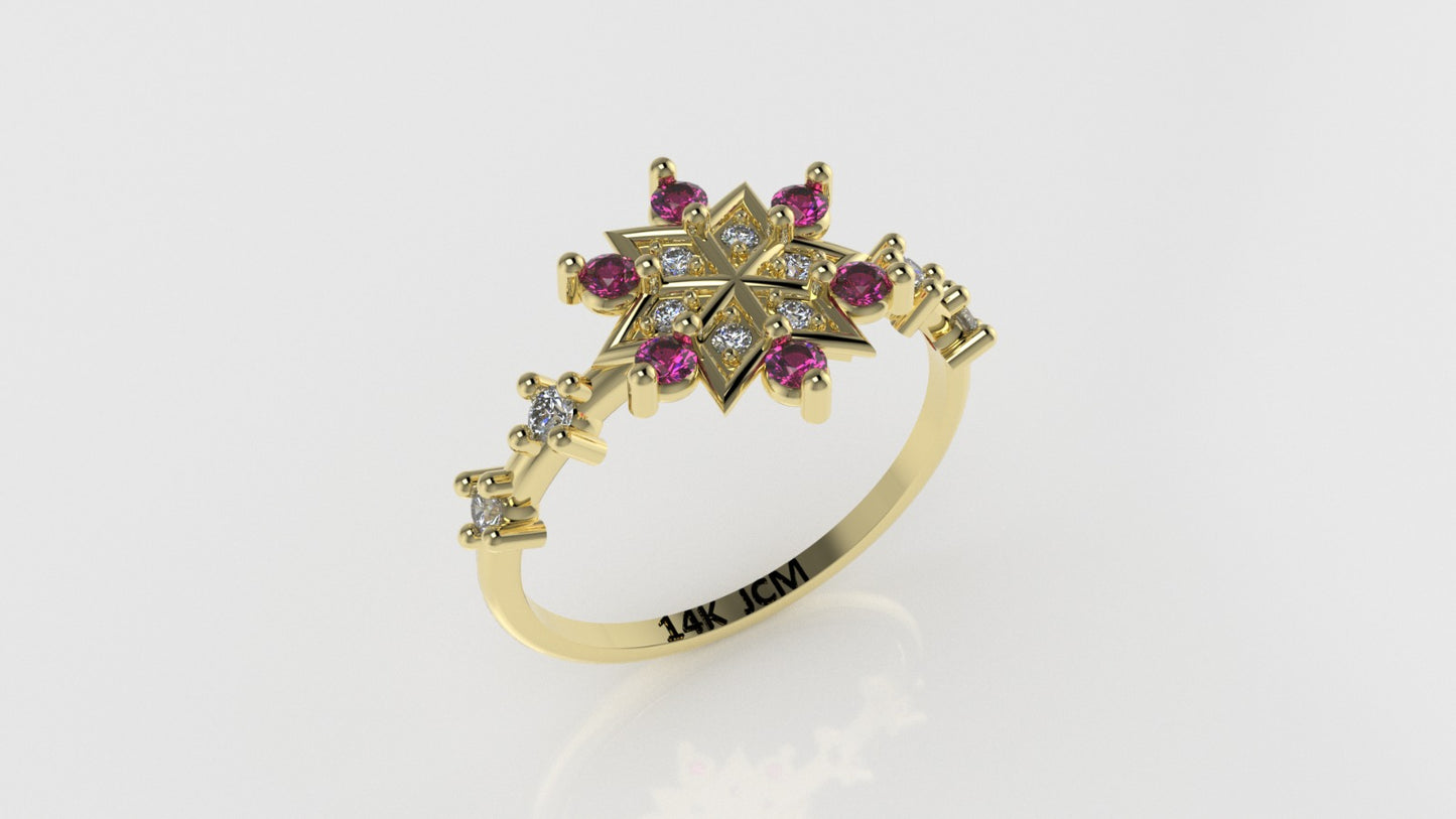 14K Ring with 16 STONES, STT: Prong, Star Style