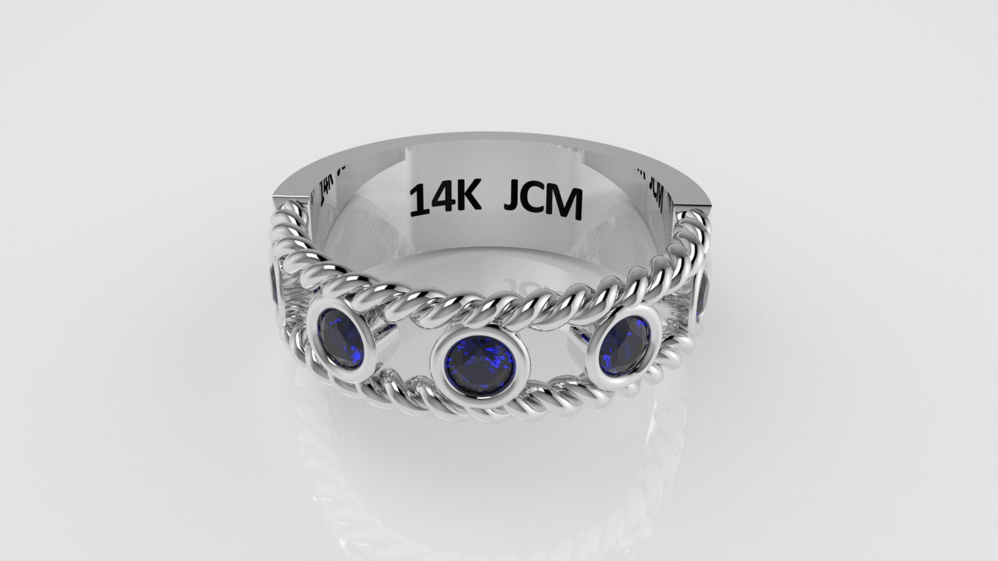 14K Ring with 5 SAPPHIRE, Stt: Bezel, Rope, For Men