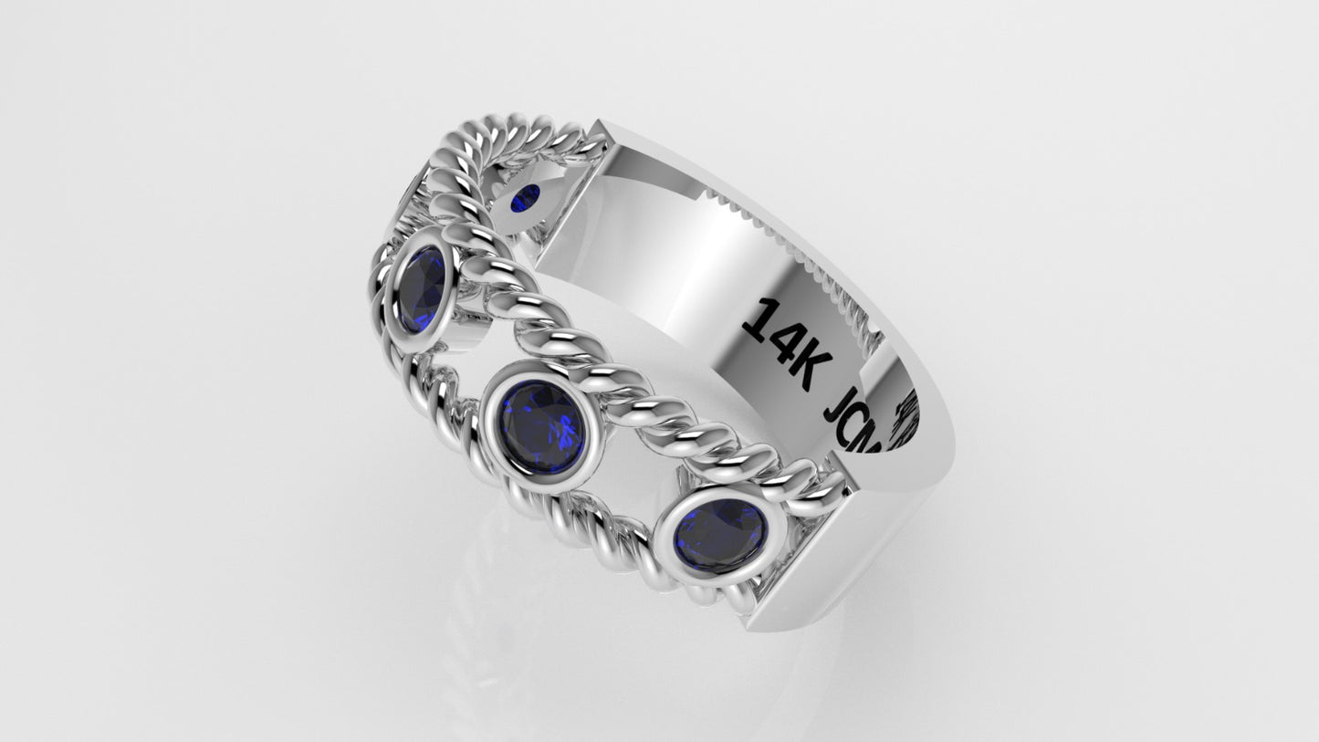 14K Ring with 5 SAPPHIRE, Stt: Bezel, Rope, For Men