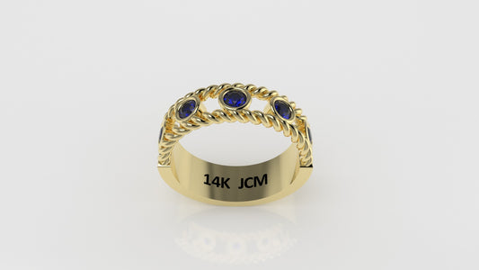 14K Ring with 5 SAPPHIRE, Stt: Bezel, Rope, For Men