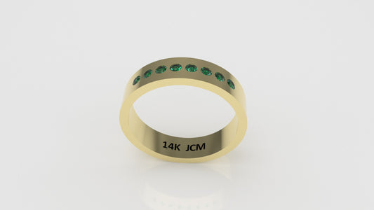 14K Gold Band Ring with 8 EMERALDS, Stt: Bezel, For Men