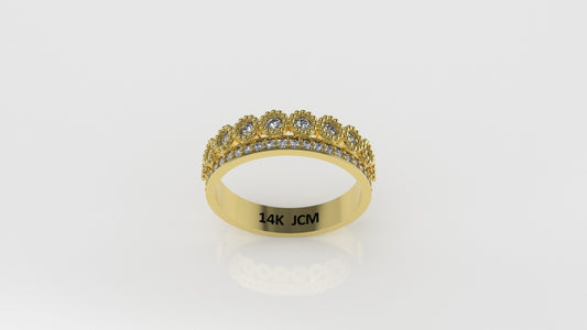 14K Gold Band Ring with 32 Diamonds, STT: Prong and Bezel, FILIGREE, cut Chanel