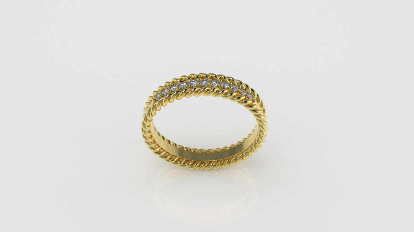 14K Ring with 11 Diamonds, STT: Prong, Rope Style