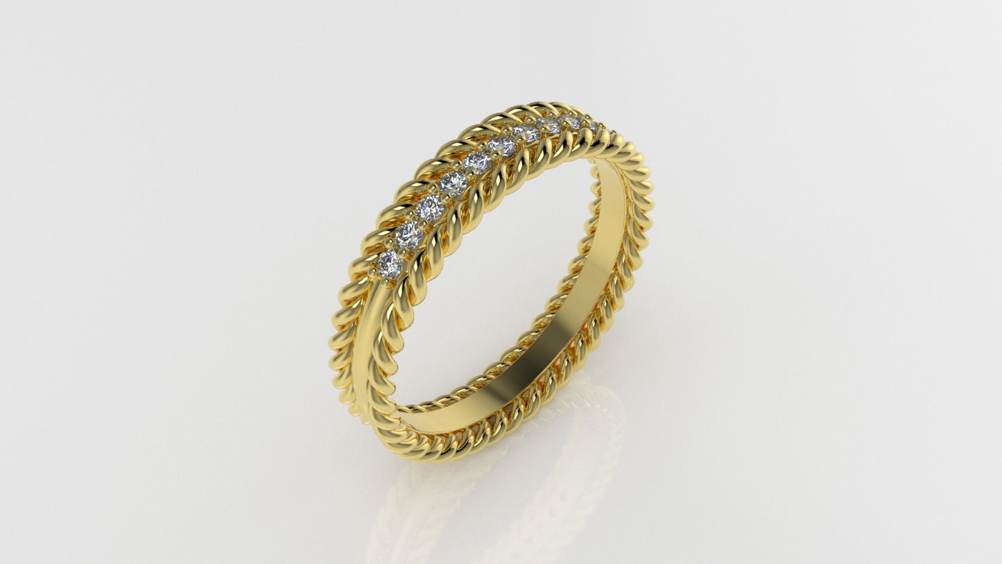 14K Ring with 11 Diamonds, STT: Prong, Rope Style