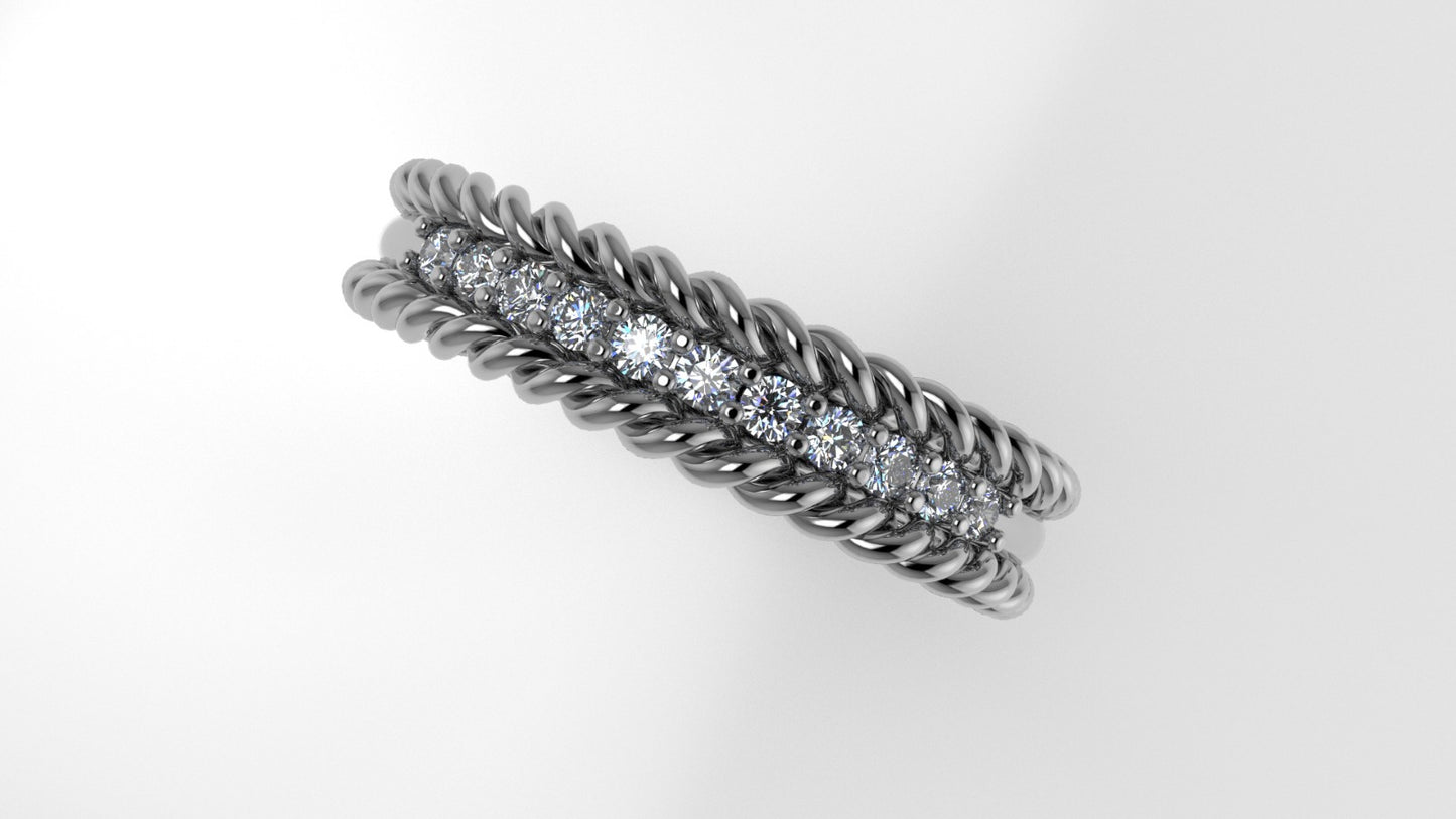 14K Ring with 11 Diamonds, STT: Prong, Rope Style