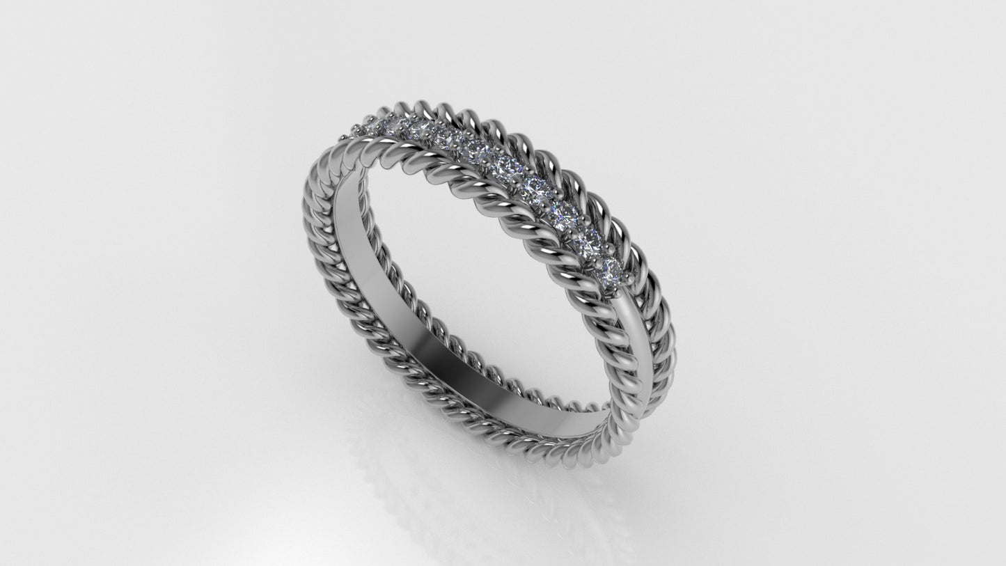 14K Ring with 11 Diamonds, STT: Prong, Rope Style