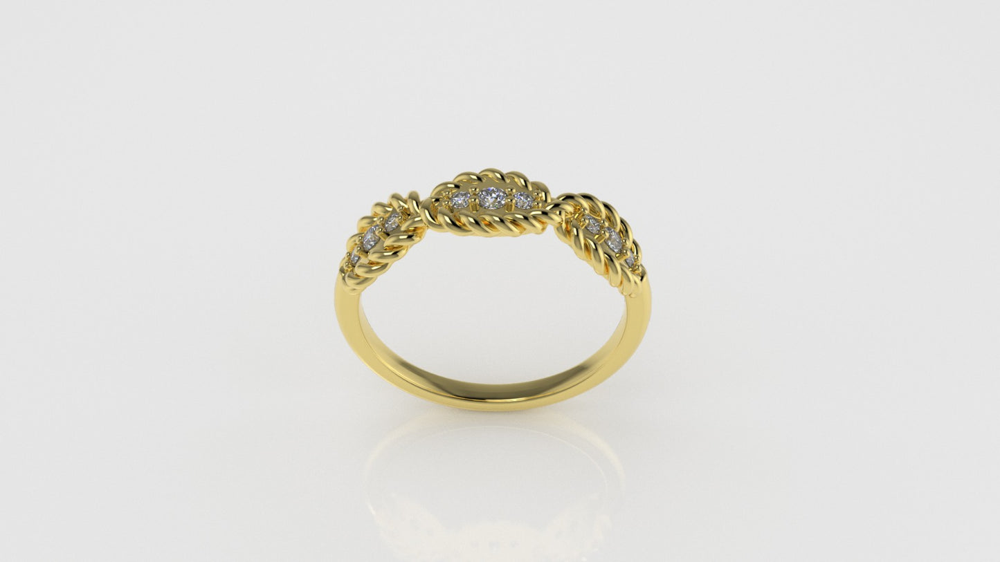 14K Ring with 9 Diamonds, STT: Prong, Rope